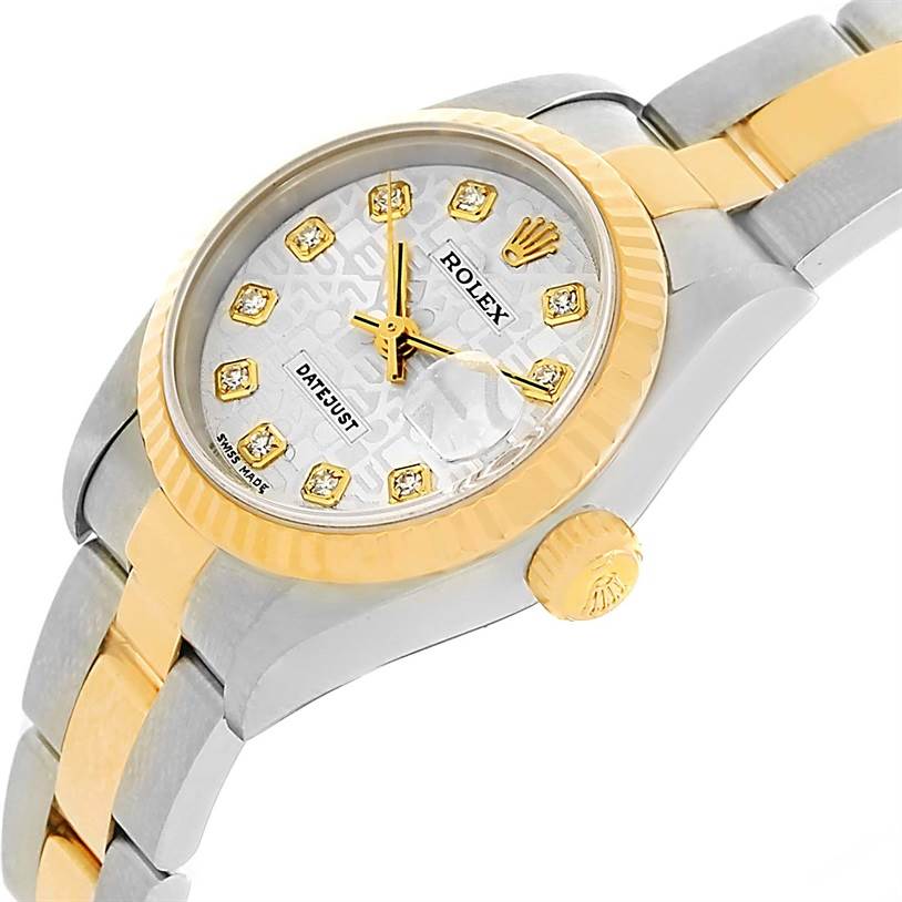 The Rolex Datejust 79173 Women's Stainless Steel Silver Dial 79173 Women's Stainless Steel Silver Dial watch is shown at an angle, highlighting the dial, bezel, crown, and a portion of the bracelet.