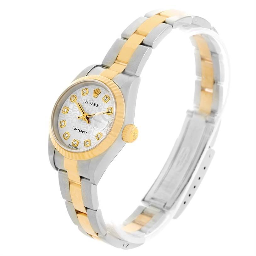 The Rolex Datejust 79173 Women's Stainless Steel Silver Dial 79173 Women's Stainless Steel Silver Dial watch is shown at an angle highlighting the dial, crown, bracelet, and clasp.