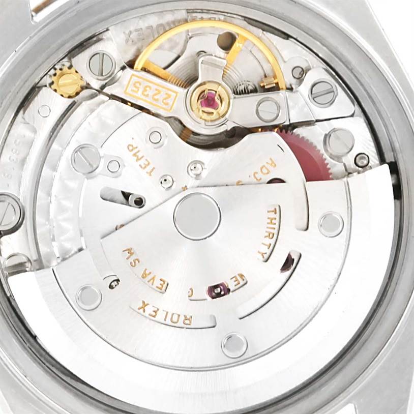 This image shows the movement mechanism from the back of a Rolex Datejust 79173 Women's Stainless Steel Silver Dial 79173 Women's Stainless Steel Silver Dial model watch.