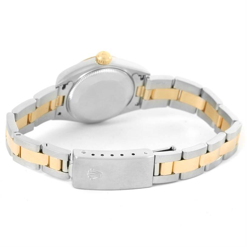 This image shows the back case, crown, and clasp of a Rolex Datejust 79173 Women's Stainless Steel Silver Dial 79173 Women's Stainless Steel Silver Dial watch from an angled rear view.