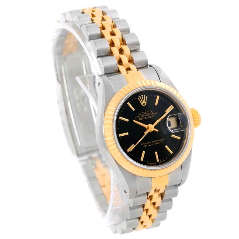 The Rolex Datejust 69173 Women's Stainless Steel Black Dial 69173 Women's Stainless Steel Black Dial watch is shown at an angle, featuring the face, bezel, crown, and two-tone bracelet.