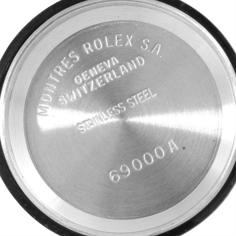 The image shows the inner case back of a Rolex Datejust 69173 Women's Stainless Steel Black Dial 69173 Women's Stainless Steel Black Dial watch, featuring engraved text and the model number.