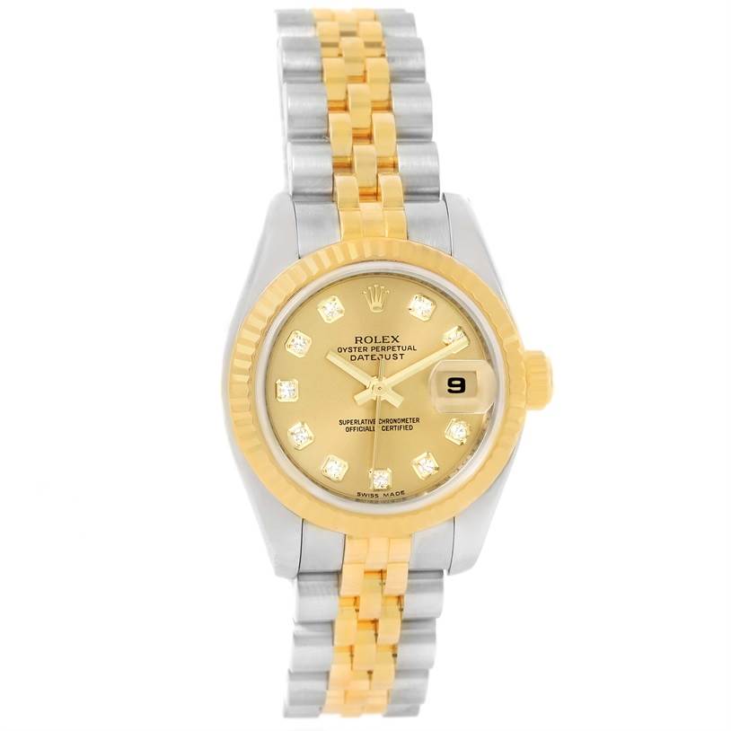 The image shows a frontal view of a Rolex Datejust 179173 Women's Steel and Gold (two tone) Champagne Dial 179173 Women's Steel and Gold (two tone) Champagne Dial watch displaying the face, bezel, and bracelet.