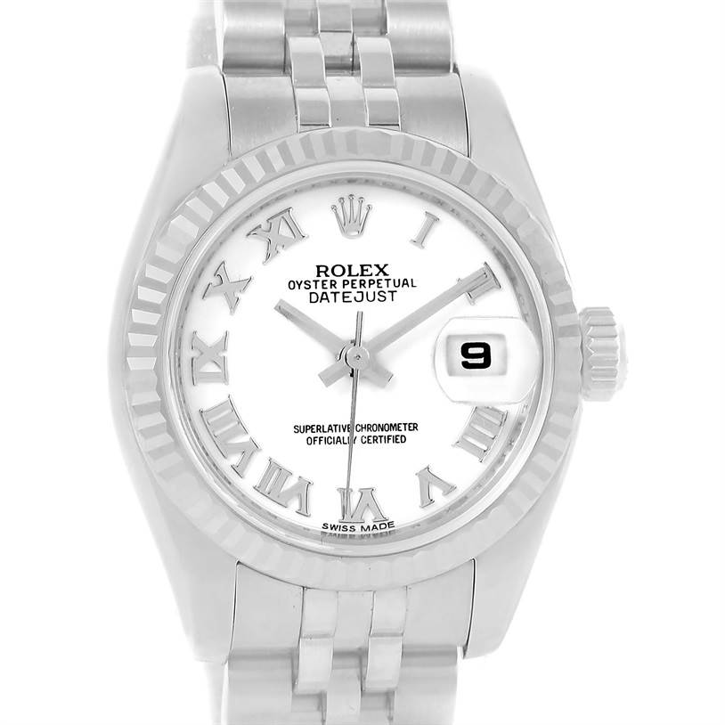 The image shows a frontal view of a Rolex Datejust 179174 Women's Stainless Steel White Dial 179174 Women's Stainless Steel White Dial watch, highlighting the dial, bezel, and part of the bracelet.