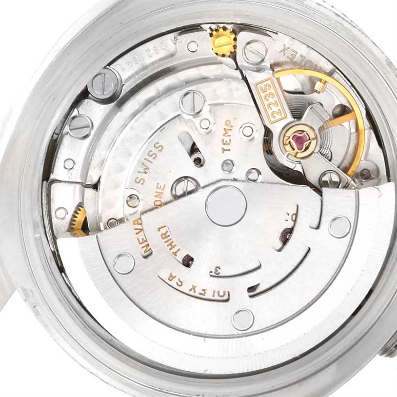 The image shows the intricate movement mechanism of a Rolex Datejust 179174 Women's Stainless Steel White Dial 179174 Women's Stainless Steel White Dial watch, viewed from the back.