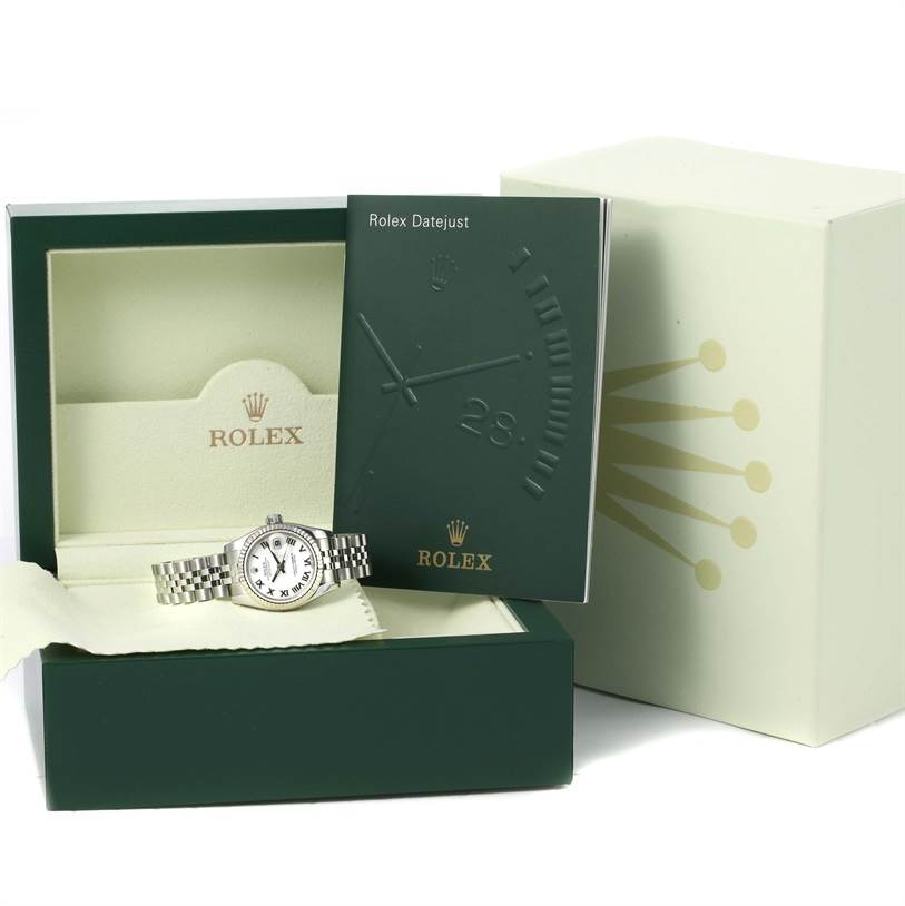 The image shows a Rolex Datejust 179174 Women's Stainless Steel White Dial 179174 Women's Stainless Steel White Dial watch with its box and manual from a front angle.