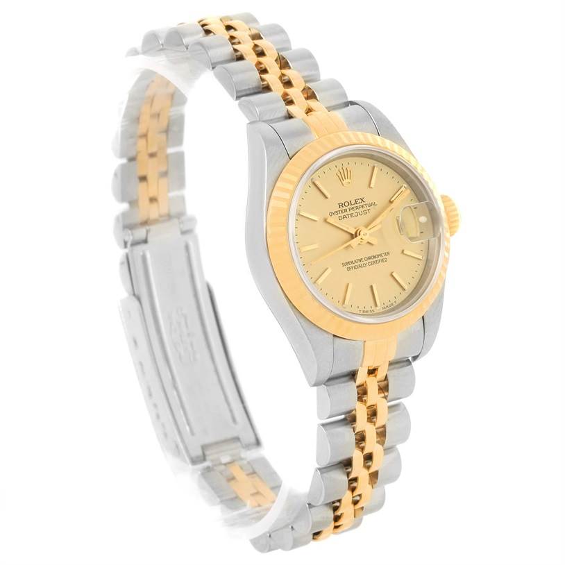 The image shows a side view of a Rolex Datejust 69173 Women's Stainless Steel Champagne Dial 69173 Women's Stainless Steel Champagne Dial watch, highlighting the dial, bezel, and two-tone bracelet.