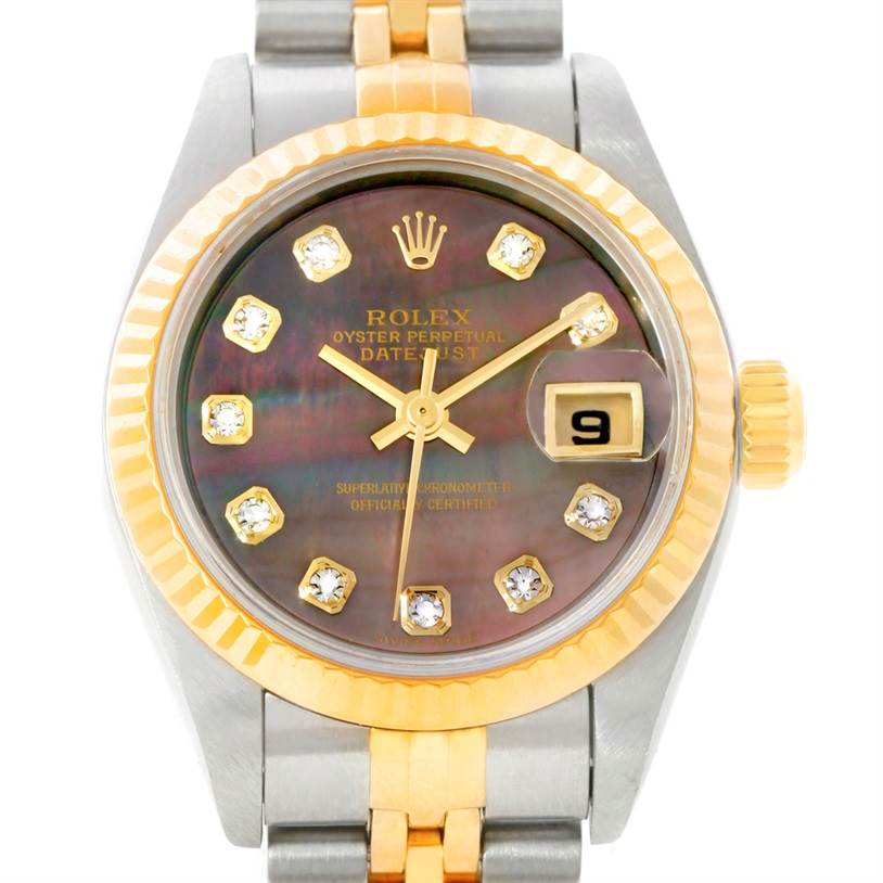 The image shows a Rolex Datejust 79173 Women's Steel and Gold (two tone) Mother of Pearl Dial 79173 Women's Steel and Gold (two tone) Mother of Pearl Dial watch front view, highlighting the face, bezel, date window, and part of the bracelet.