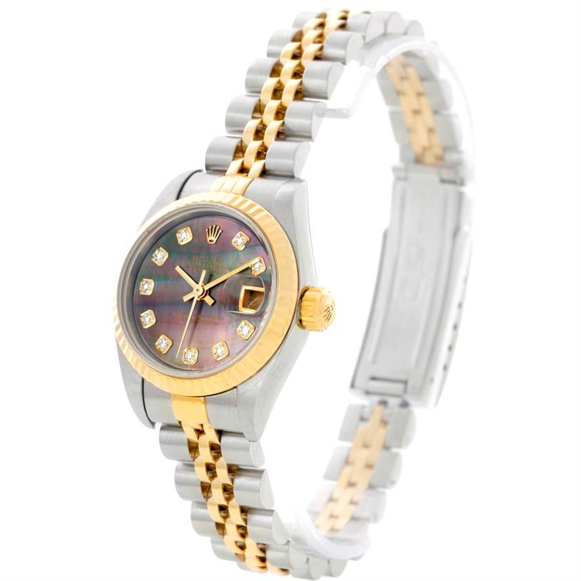 The Rolex Datejust 79173 Women's Steel and Gold (two tone) Mother of Pearl Dial 79173 Women's Steel and Gold (two tone) Mother of Pearl Dial watch is shown at a slight angle, highlighting its bezel, dial, crown, and two-tone bracelet.