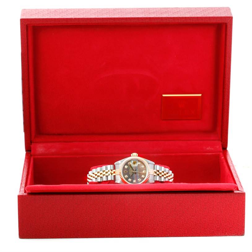 The Rolex Datejust 79173 Women's Steel and Gold (two tone) Mother of Pearl Dial 79173 Women's Steel and Gold (two tone) Mother of Pearl Dial watch is shown in its case, viewed from the front, displaying the watch face and bracelet.