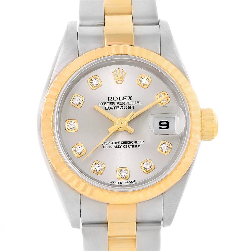 The image shows a frontal view of the Rolex Datejust 79173 Women
s Stainless Steel Silver Dial 79173 Women
s Stainless Steel Silver Dial watch, displaying its dial, hands, bezel, and part of the bracelet.