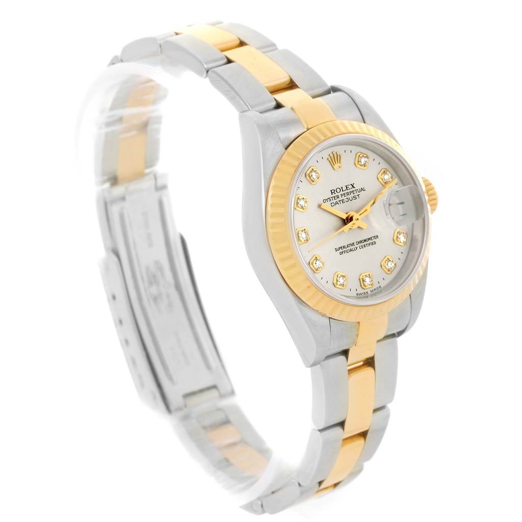 This image depicts a Rolex Datejust 79173 Women
s Stainless Steel Silver Dial 79173 Women
s Stainless Steel Silver Dial watch, showing a side angle of the watch face, bracelet, and clasp with two-tone detailing.