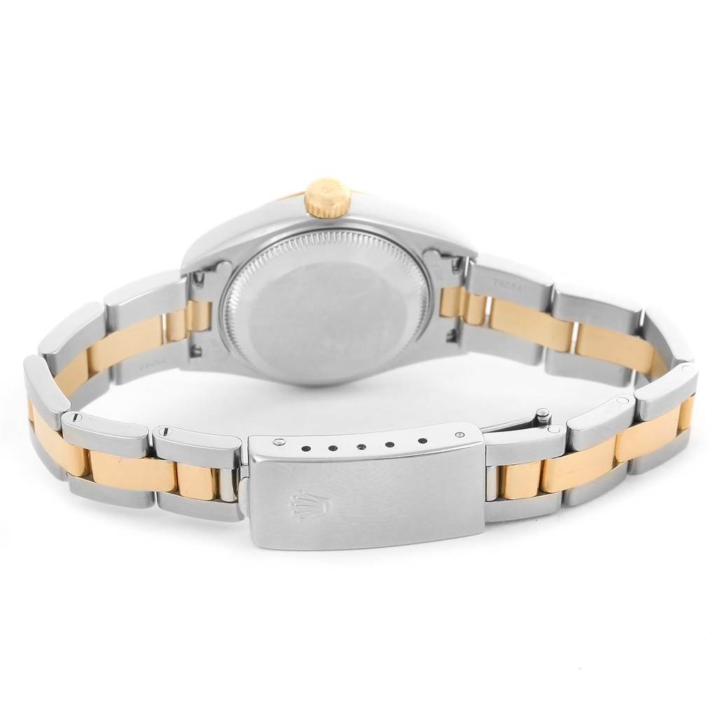 The image shows the back view of a Rolex Datejust 79173 Women
s Stainless Steel Silver Dial 79173 Women
s Stainless Steel Silver Dial watch, highlighting the case, crown, bracelet, and clasp.