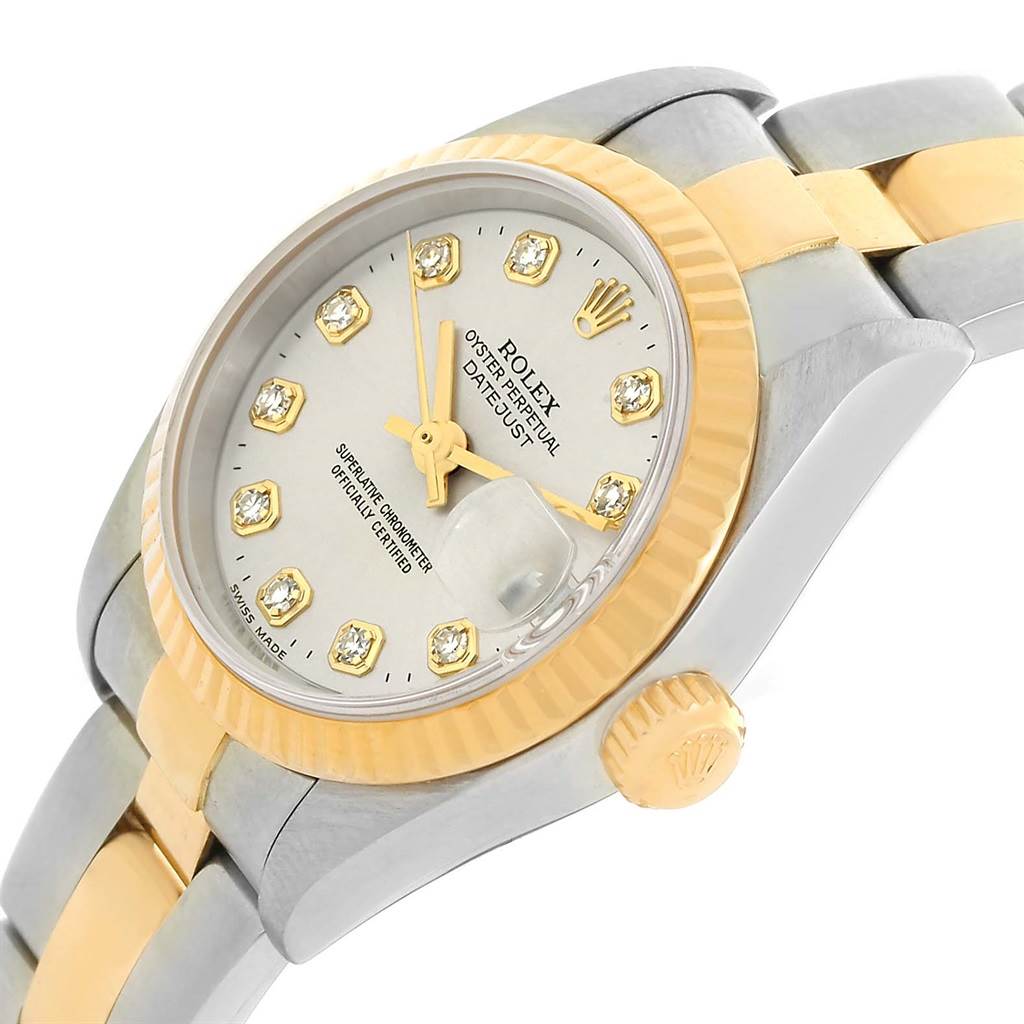 The image shows an angled close-up of the Rolex Datejust 79173 Women
s Stainless Steel Silver Dial 79173 Women
s Stainless Steel Silver Dial, highlighting its face, bezel, crown, and bracelet.