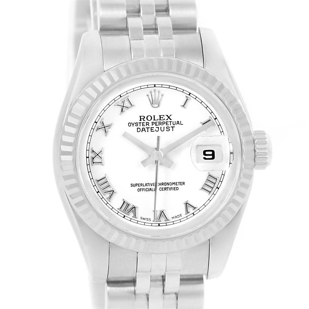 The Rolex Datejust 179174 Women's Stainless Steel White Dial 179174 Women's Stainless Steel White Dial watch is shown from a front angle, highlighting the dial, bezel, and bracelet.