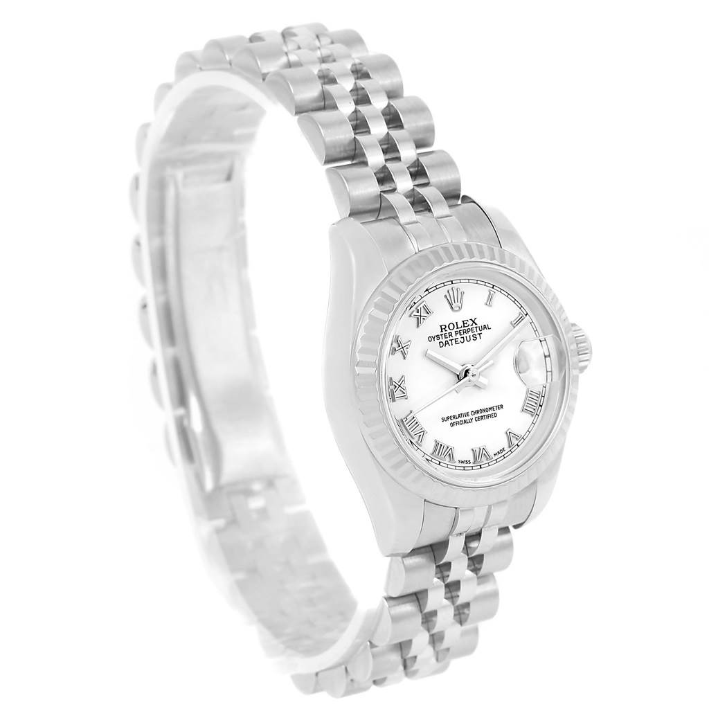 This image shows a Rolex Datejust 179174 Women's Stainless Steel White Dial 179174 Women's Stainless Steel White Dial watch at a slight side angle, displaying the bracelet, bezel, and face with Roman numerals.
