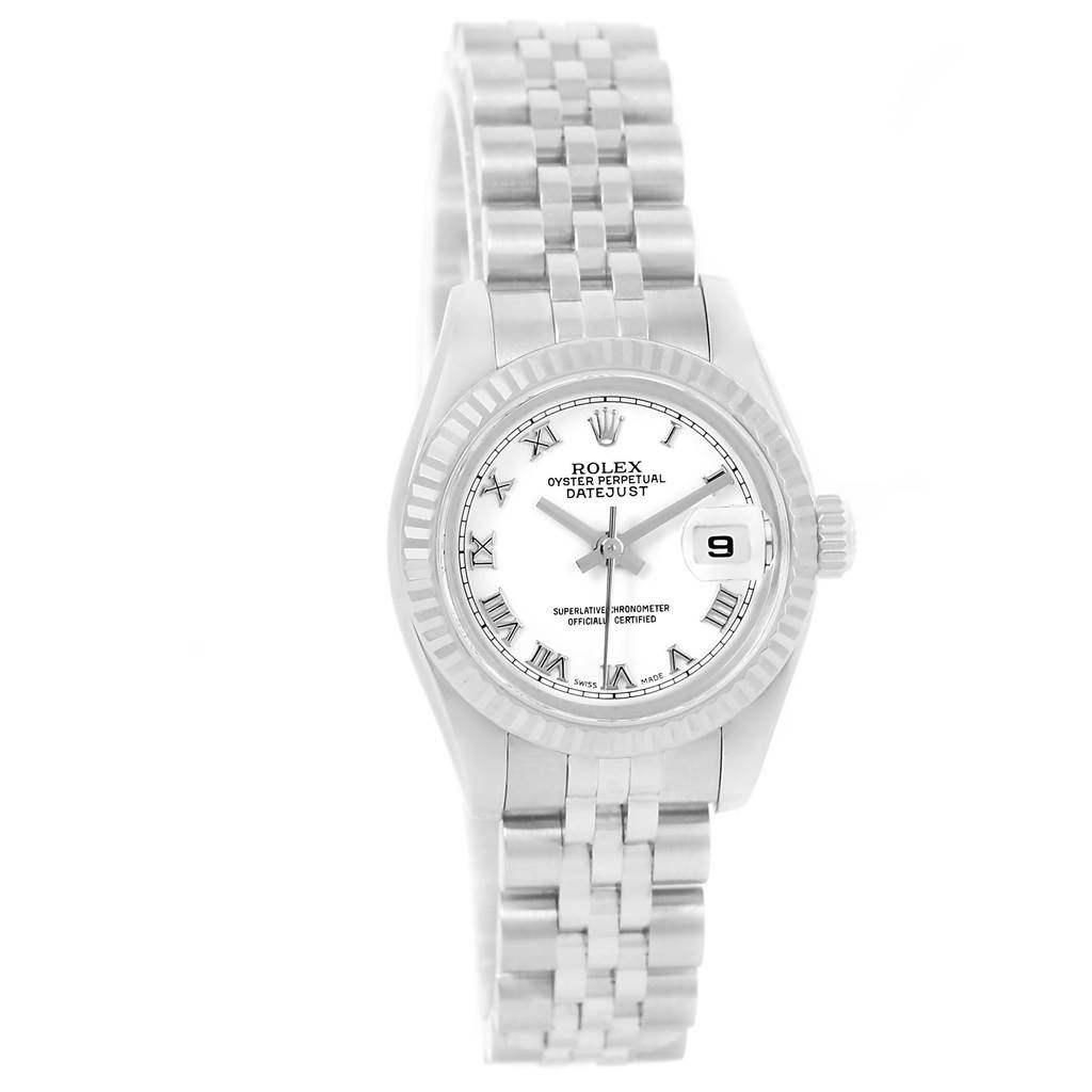 This image shows a front view of the Rolex Datejust 179174 Women's Stainless Steel White Dial 179174 Women's Stainless Steel White Dial watch, showcasing its stainless steel bracelet, white dial, and fluted bezel.