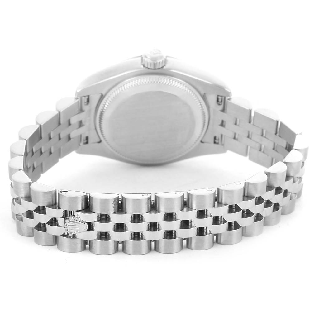 The image shows the back view of a Rolex Datejust 179174 Women's Stainless Steel White Dial 179174 Women's Stainless Steel White Dial watch, focusing on the case back and bracelet.