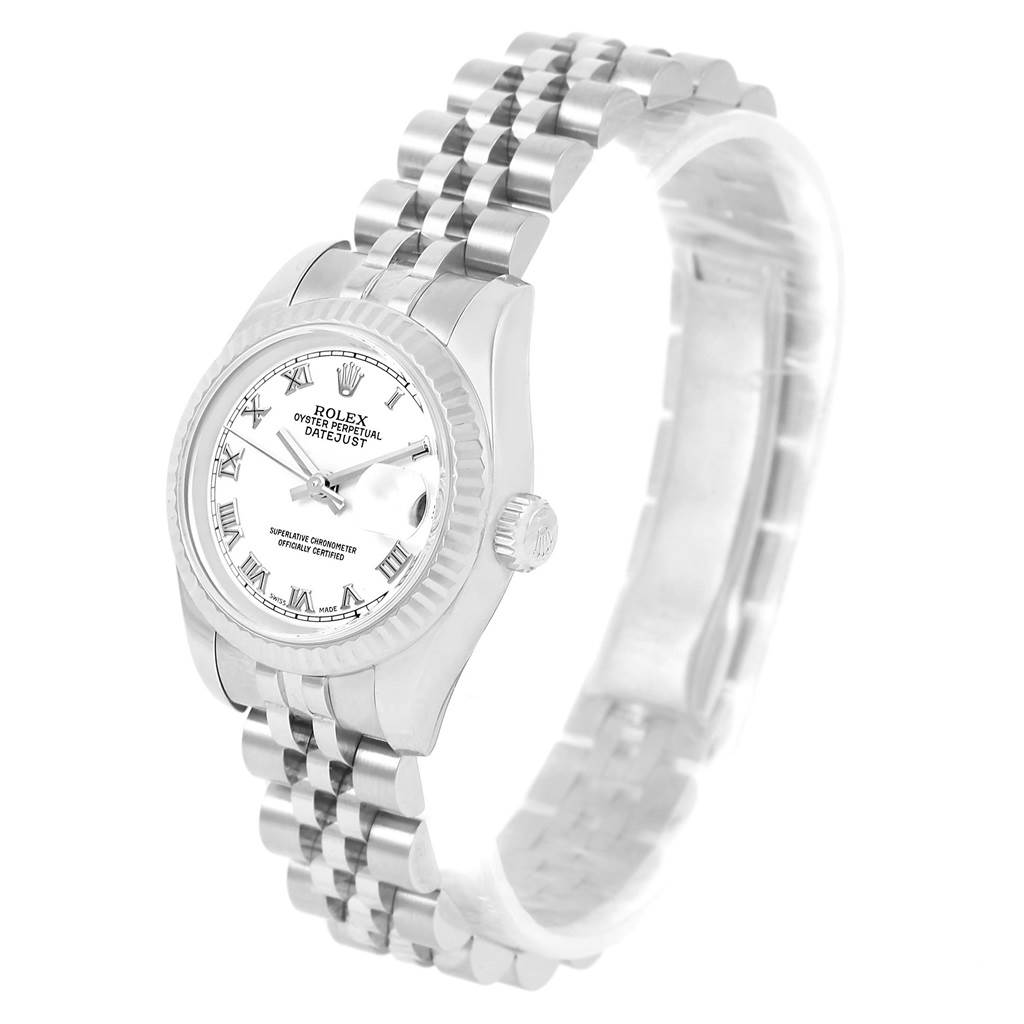 The image shows a Rolex Datejust 179174 Women's Stainless Steel White Dial 179174 Women's Stainless Steel White Dial watch at an angle, displaying the watch face, bezel, crown, and bracelet.