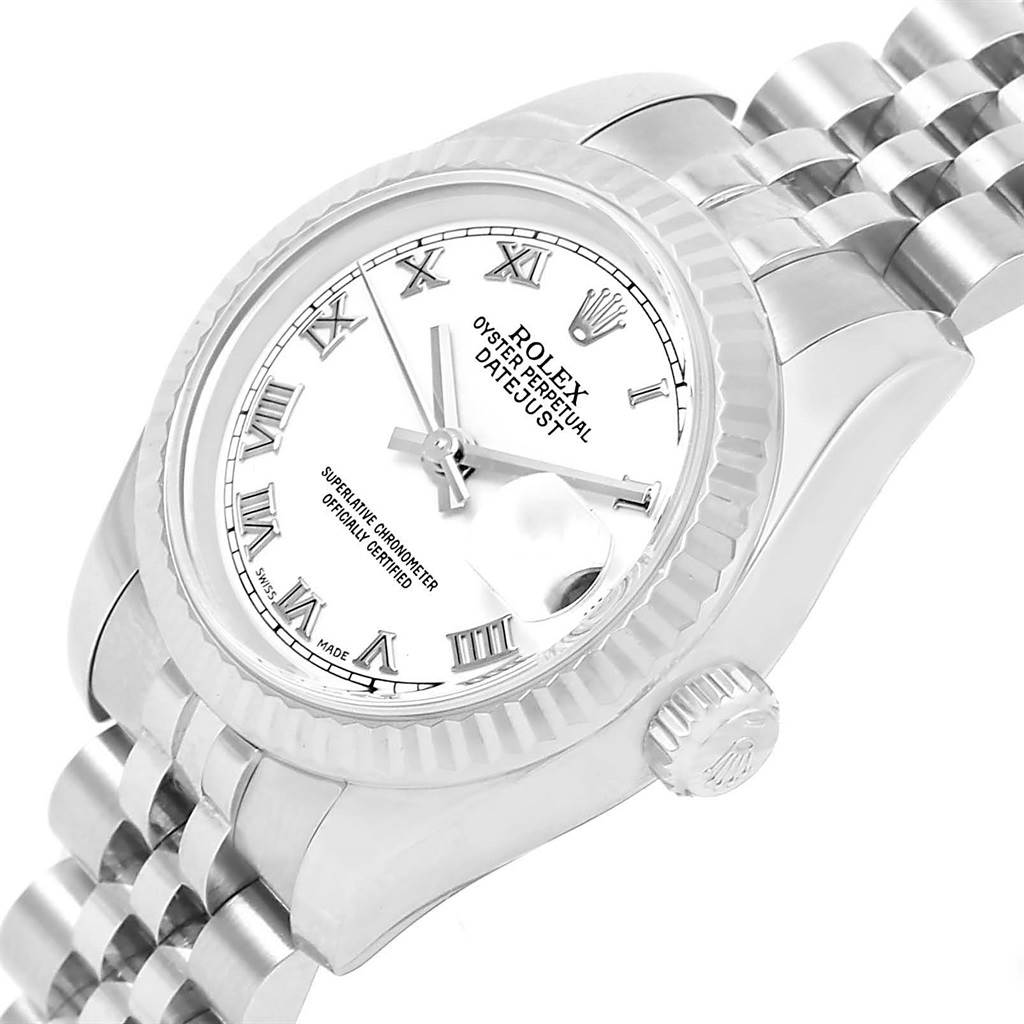The Rolex Datejust 179174 Women's Stainless Steel White Dial 179174 Women's Stainless Steel White Dial watch is shown at a slight angle, highlighting the dial, case, crown, and part of the bracelet.
