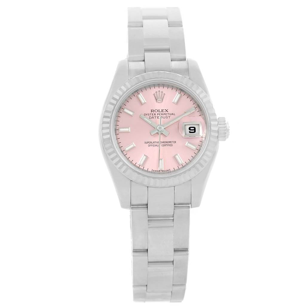 This is a front view of the Rolex Datejust 179174 Women's Stainless Steel Pink Dial 179174 Women's Stainless Steel Pink Dial watch showing the dial, bezel, bracelet, and clasp.