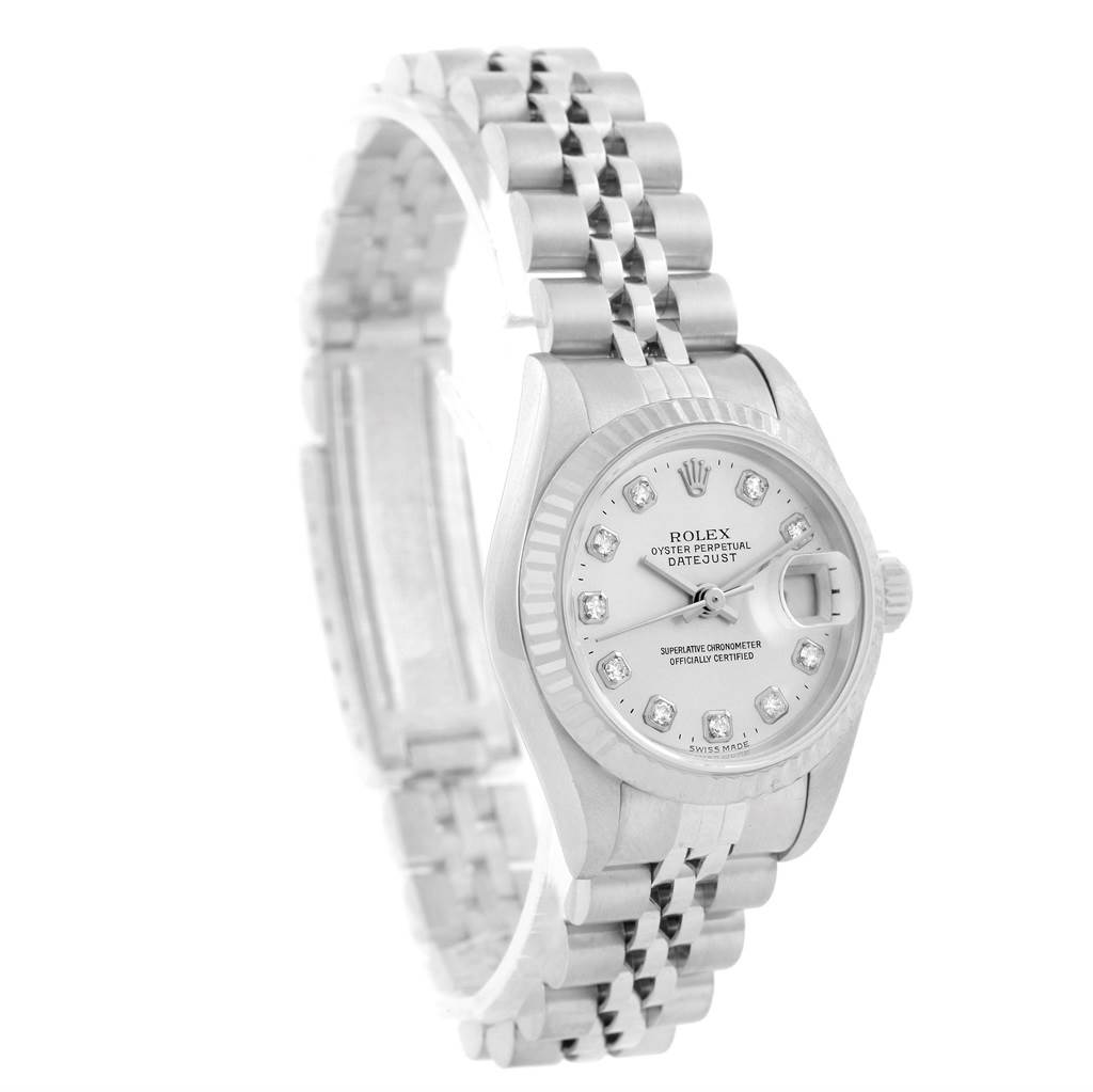 The image shows a Rolex Datejust 79174 Women
s Stainless Steel Silver Dial 79174 Women
s Stainless Steel Silver Dial watch at a three-quarter angle, highlighting its dial, bracelet, and case.