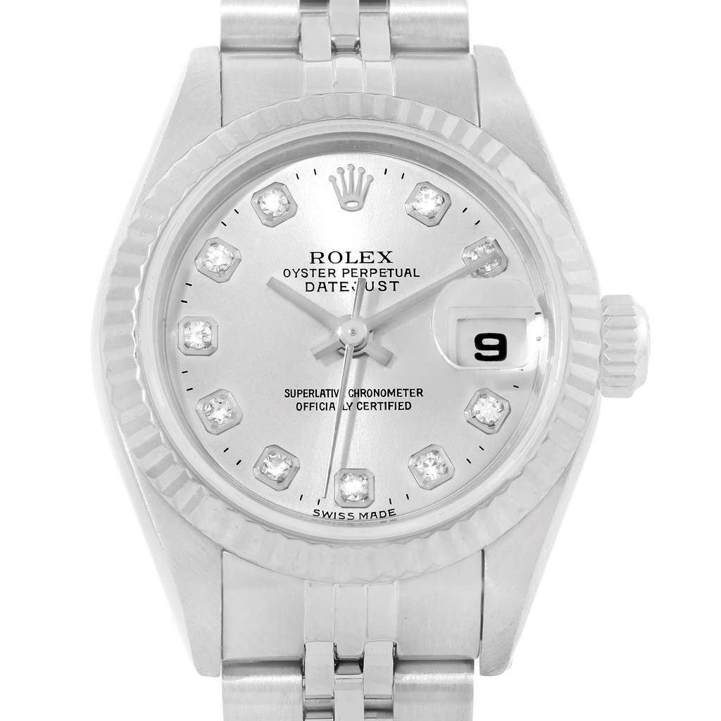 The image shows a frontal view of a Rolex Datejust 79174 Women
s Stainless Steel Silver Dial 79174 Women
s Stainless Steel Silver Dial watch, highlighting its silver dial, date window, and bracelet.