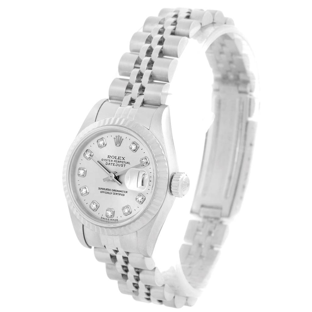 The image shows a Rolex Datejust 79174 Women
s Stainless Steel Silver Dial 79174 Women
s Stainless Steel Silver Dial watch from a three-quarter angle, highlighting the dial, case, bracelet, and crown.