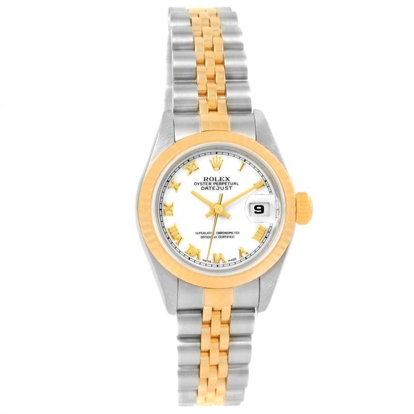 The image shows a front view of a Rolex Datejust 79173 Women
s Stainless Steel White Dial 79173 Women
s Stainless Steel White Dial watch with its face, bezel, and two-tone bracelet.