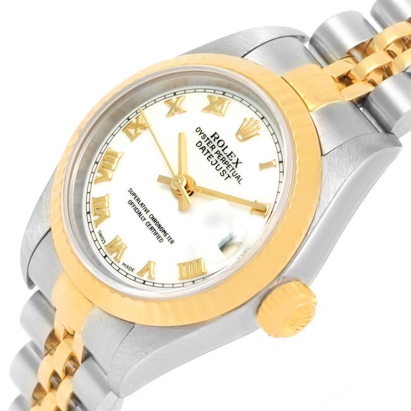 The image shows a Rolex Datejust 79173 Women
s Stainless Steel White Dial 79173 Women
s Stainless Steel White Dial watch at an angled view, highlighting the face, bezel, crown, and two-tone bracelet.
