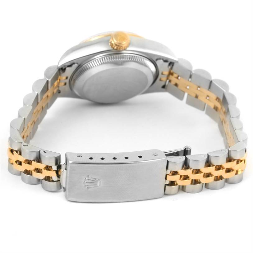 The image shows the back view of a Rolex Datejust 79173 Women
s Stainless Steel White Dial 79173 Women
s Stainless Steel White Dial, including the bracelet, clasp, case back, and crown.