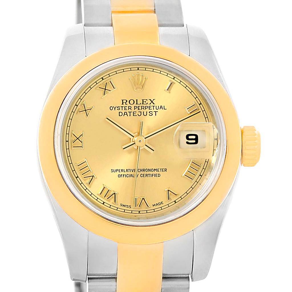 This image shows a front view of a Rolex Datejust 179163 Women's Steel and Gold (two tone) Champagne Dial 179163 Women's Steel and Gold (two tone) Champagne Dial watch, highlighting the dial, bezel, and part of the bracelet.