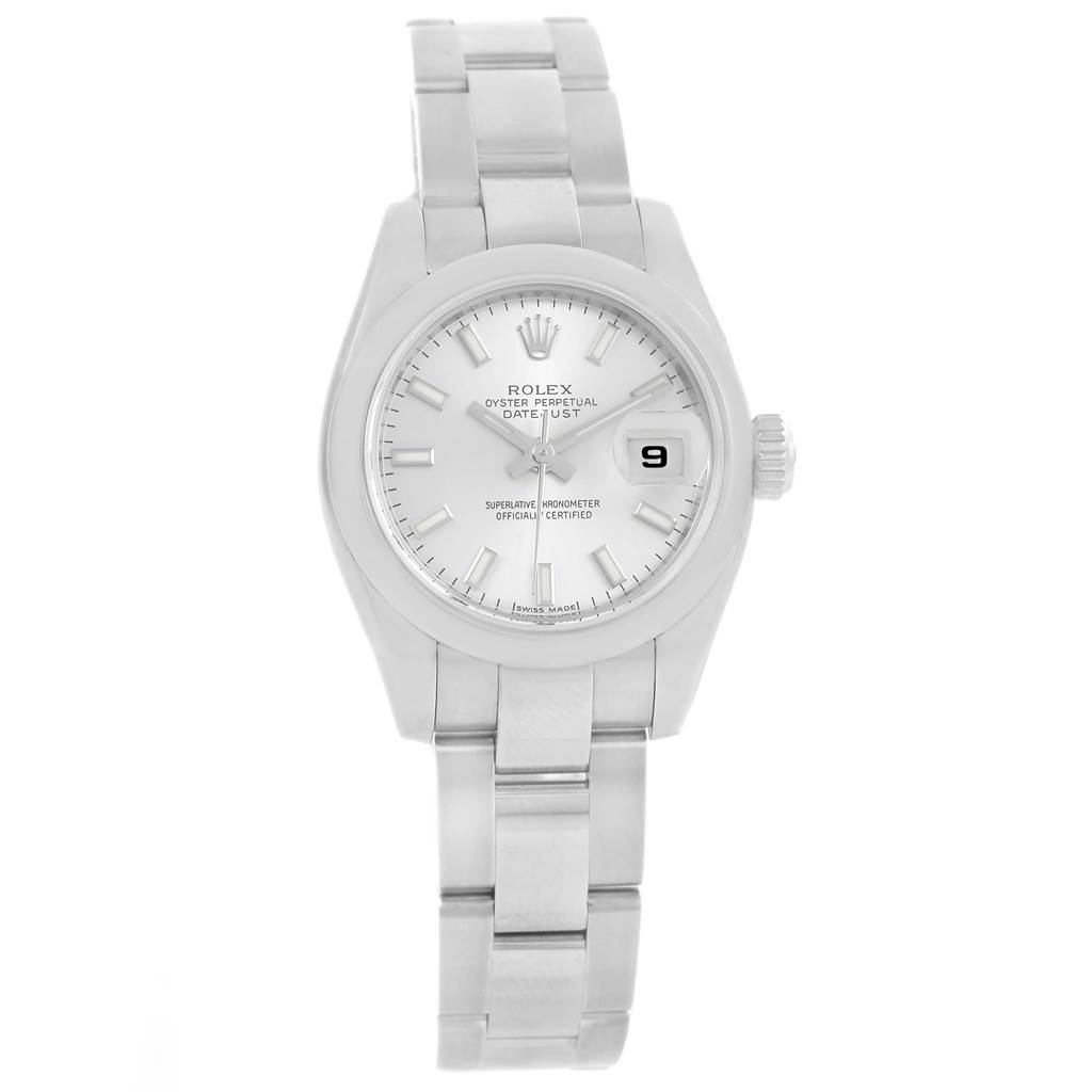 The image shows a Rolex Datejust 179160 Women
s Stainless Steel Silver Dial 179160 Women
s Stainless Steel Silver Dial watch from a top-down angle, displaying the face, bracelet, and clasp.