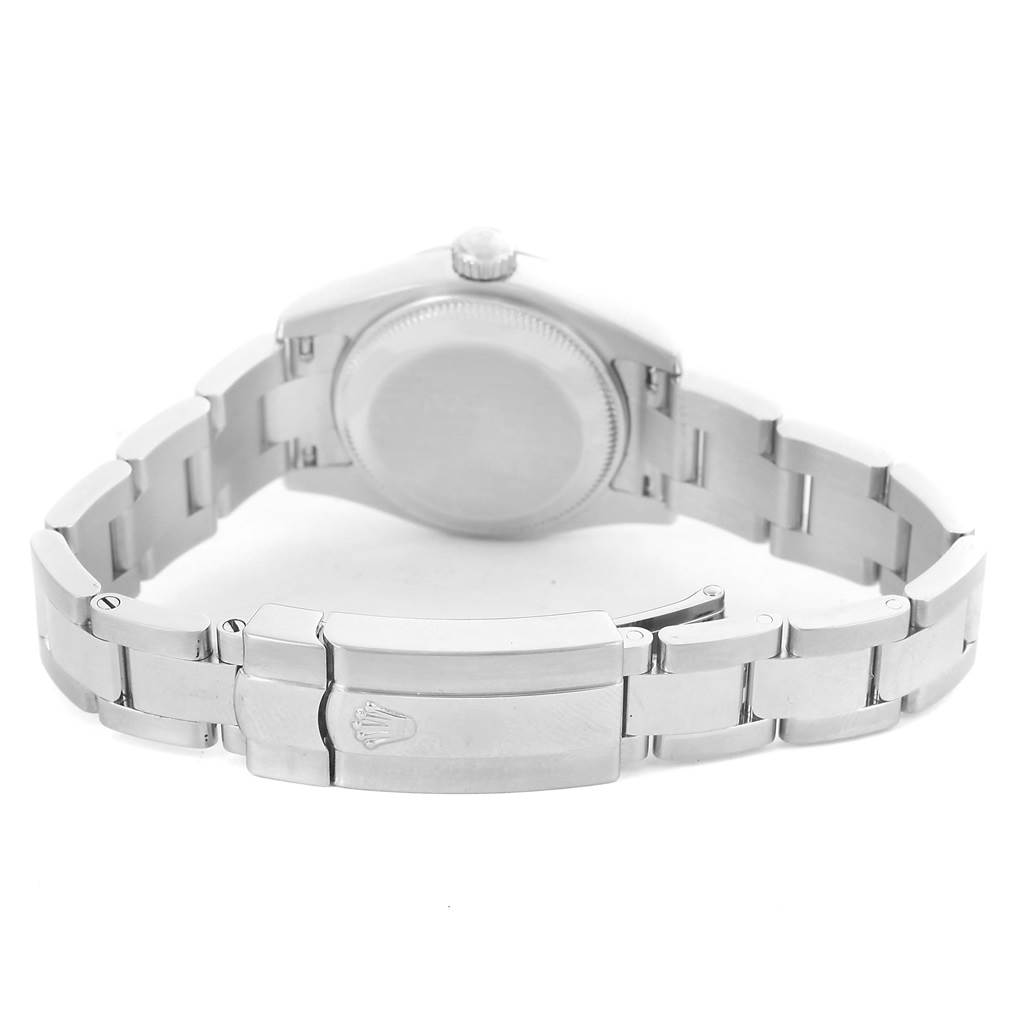 The image shows the back view of a Rolex Datejust 179160 Women
s Stainless Steel Silver Dial 179160 Women
s Stainless Steel Silver Dial watch, highlighting the case back and metal bracelet with the clasp.