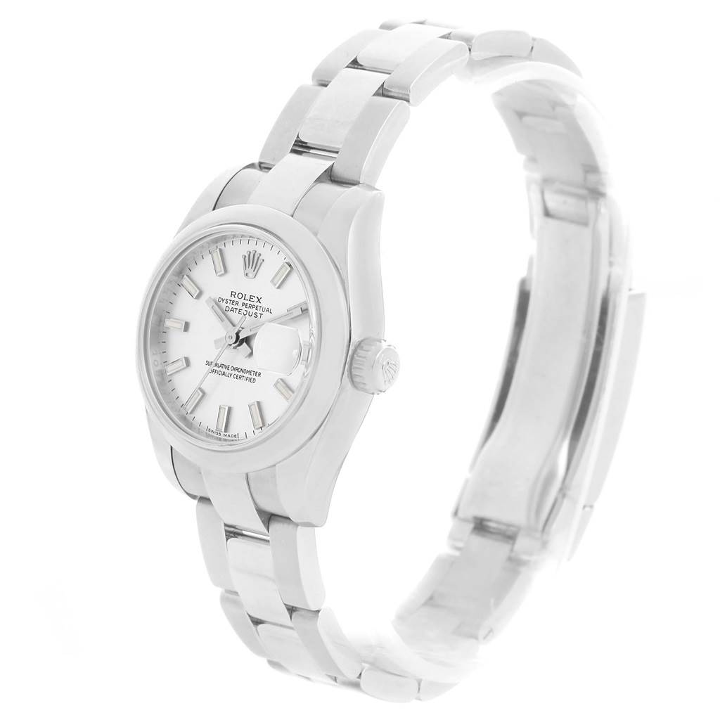 This image shows a side-angle view of a Rolex Datejust 179160 Women
s Stainless Steel Silver Dial 179160 Women
s Stainless Steel Silver Dial watch, highlighting its face, bezel, crown, and bracelet.