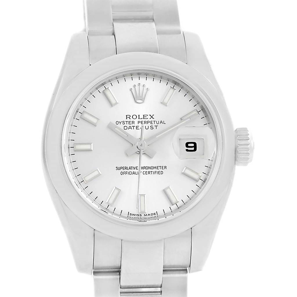 The image shows a front view of a Rolex Datejust 179160 Women
s Stainless Steel Silver Dial 179160 Women
s Stainless Steel Silver Dial watch, displaying the dial, hands, date window, and part of the bracelet.