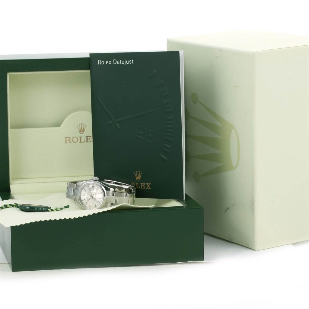 The image shows a Rolex Datejust 179160 Women
s Stainless Steel Silver Dial 179160 Women
s Stainless Steel Silver Dial watch in its box with the instruction manual and accessories, front view.