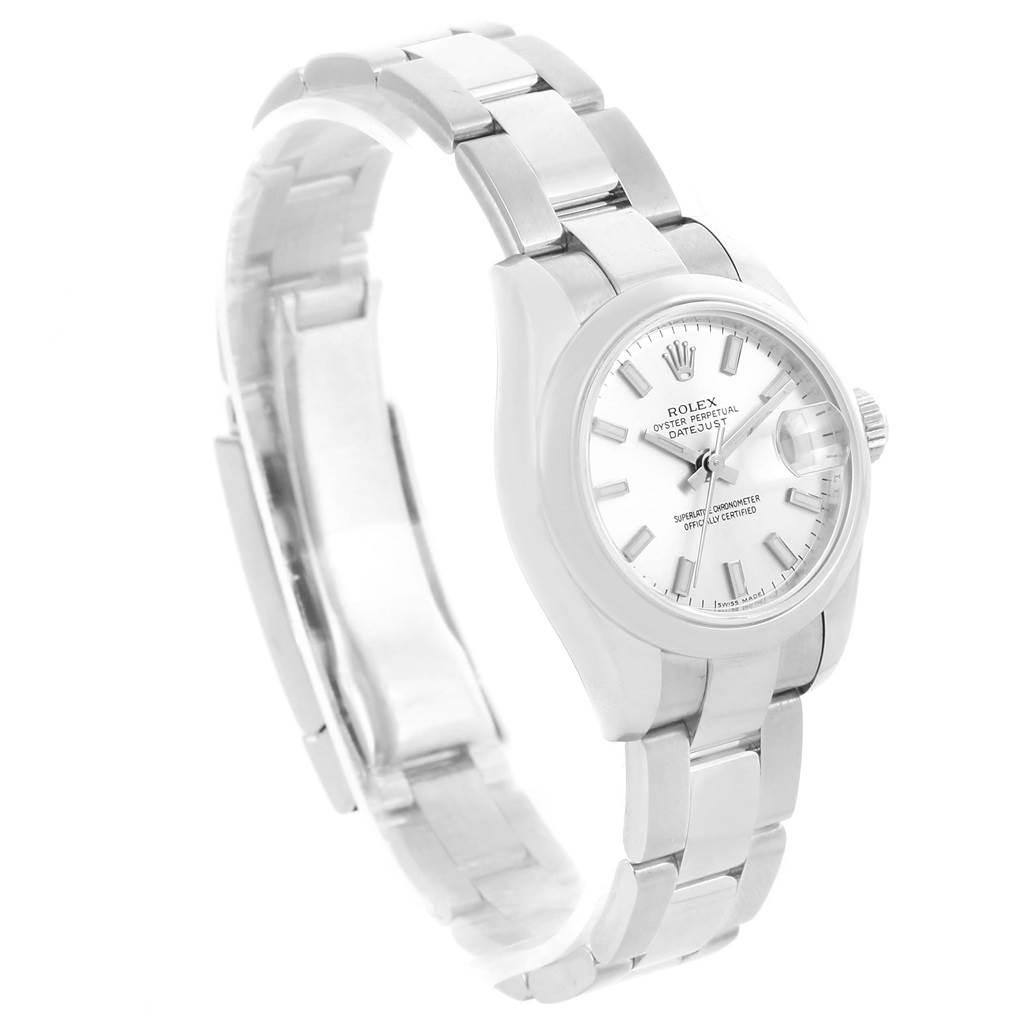The image shows a side angle view of a Rolex Datejust 179160 Women
s Stainless Steel Silver Dial 179160 Women
s Stainless Steel Silver Dial watch, highlighting its bracelet, clasp, and watch face.