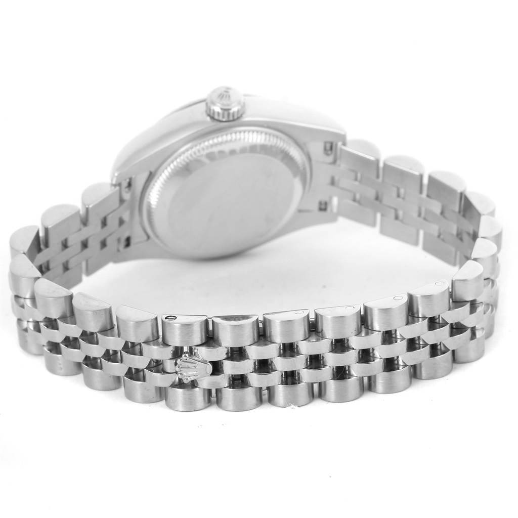 This image displays the backside case and bracelet of a Rolex Datejust 179174 Women
s Stainless Steel Mother of Pearl Dial 179174 Women
s Stainless Steel Mother of Pearl Dial model watch from an angled rear view.