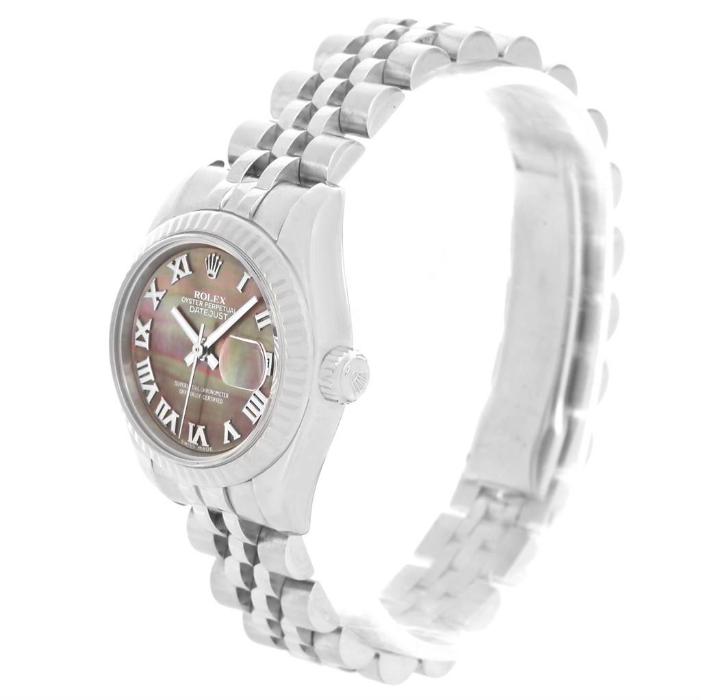 This image shows a side angle of a Rolex Datejust 179174 Women
s Stainless Steel Mother of Pearl Dial 179174 Women
s Stainless Steel Mother of Pearl Dial watch, highlighting the dial, case, and bracelet.
