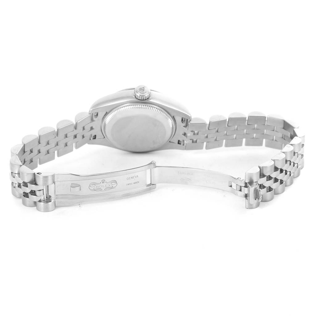 The image shows the open clasp and bracelet, as well as the case back of a Rolex Datejust 179174 Women
s Stainless Steel Mother of Pearl Dial 179174 Women
s Stainless Steel Mother of Pearl Dial watch.
