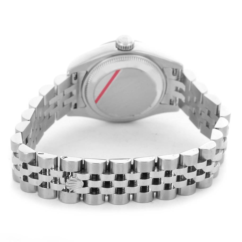 The image shows the back and the metal bracelet of a Rolex Datejust 179174 Women's Stainless Steel Black Dial 179174 Women's Stainless Steel Black Dial watch from a rear angle.