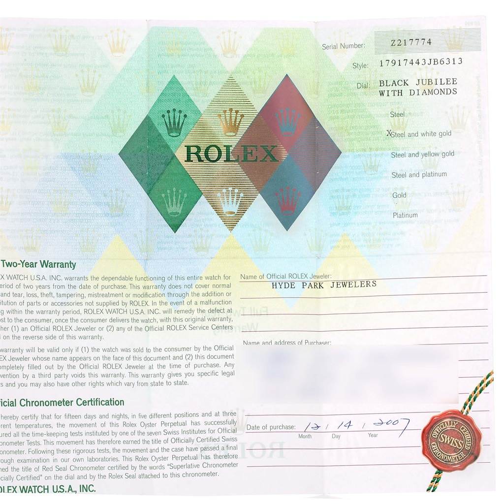 The image shows the warranty certificate for a Rolex Datejust 179174 Women's Stainless Steel Black Dial 179174 Women's Stainless Steel Black Dial watch model, listing details such as serial number and purchase date.