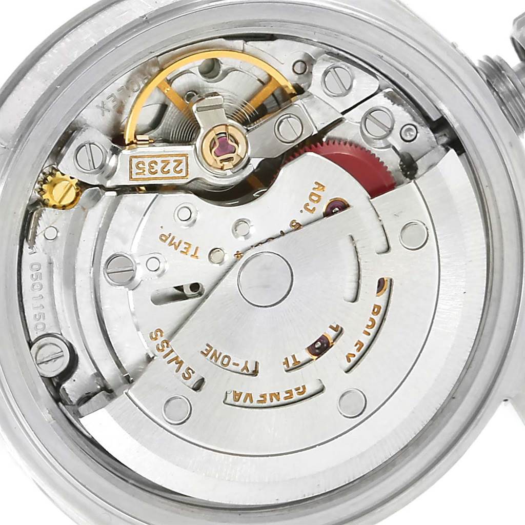 This image shows a close-up view of the inner mechanism of the Rolex Datejust 79174 Women's Stainless Steel Silver Dial 79174 Women's Stainless Steel Silver Dial watch, revealing its intricate movement parts.