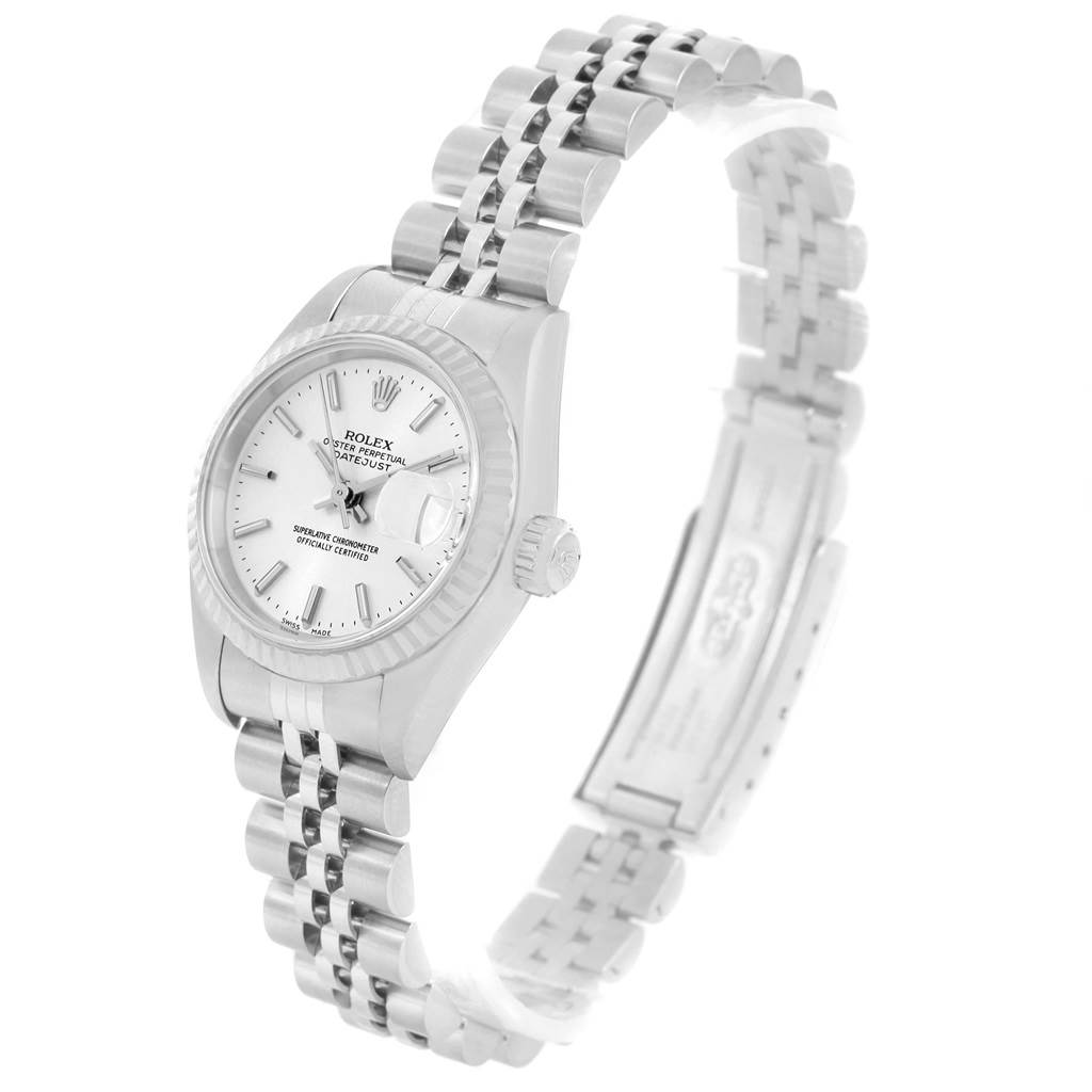 The Rolex Datejust 79174 Women's Stainless Steel Silver Dial 79174 Women's Stainless Steel Silver Dial watch is shown at a three-quarter angle, highlighting the dial, bezel, crown, and bracelet.