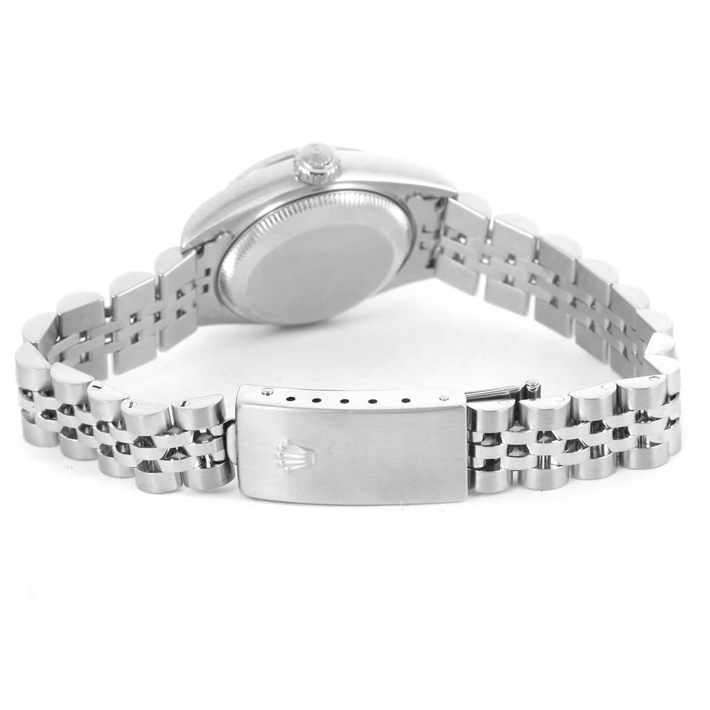 The image shows the back view of a Rolex Datejust 79174 Women's Stainless Steel Silver Dial 79174 Women's Stainless Steel Silver Dial watch, focusing on the case, crown, and jubilee bracelet with the clasp.