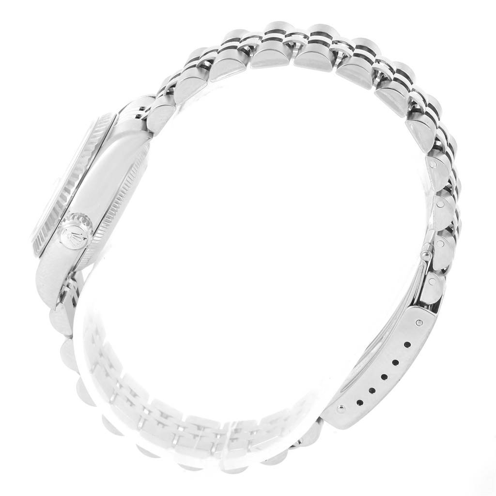 This image shows a side view of the case and bracelet of a Rolex Datejust 79174 Women's Stainless Steel Silver Dial 79174 Women's Stainless Steel Silver Dial watch.