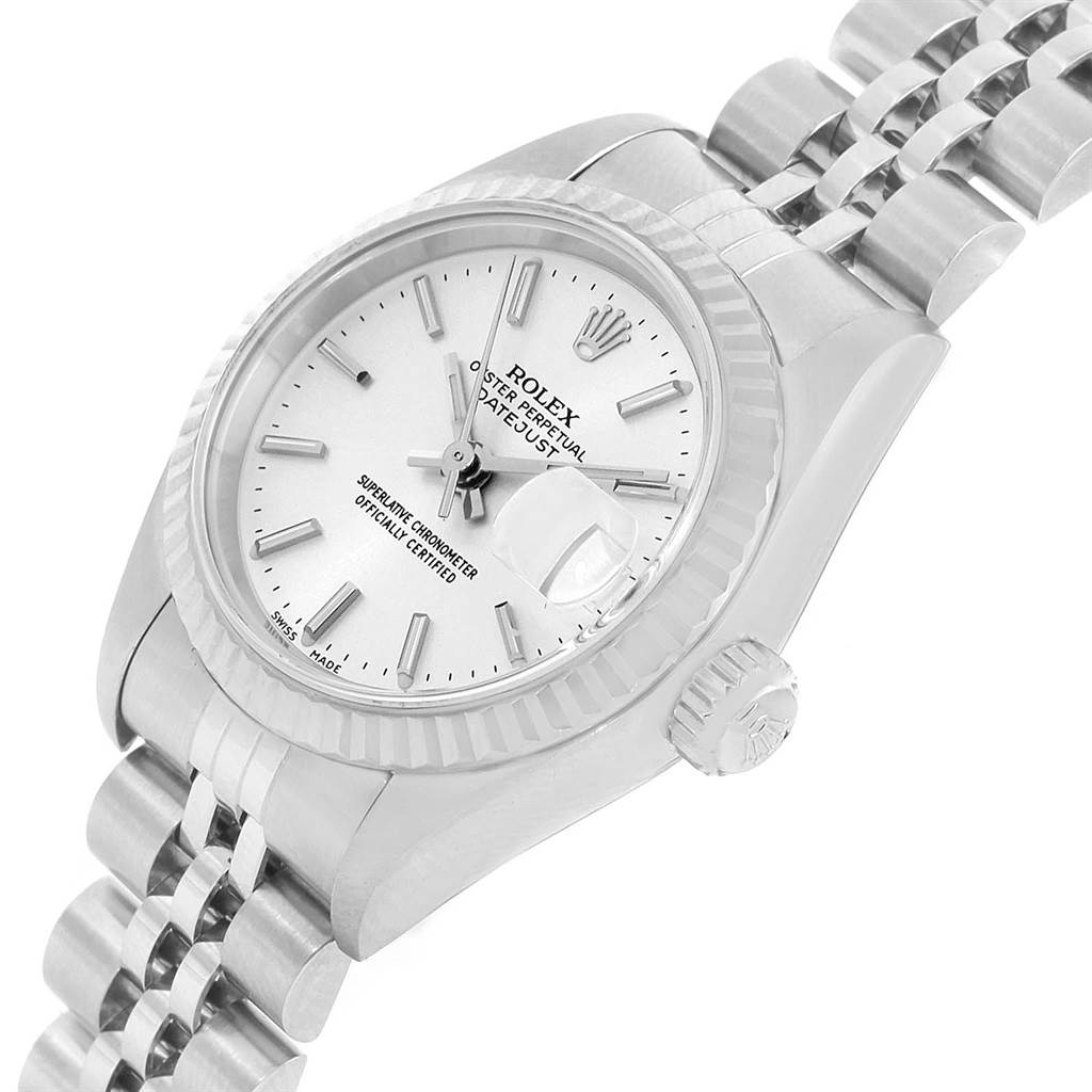 The image shows a Rolex Datejust 79174 Women's Stainless Steel Silver Dial 79174 Women's Stainless Steel Silver Dial watch at a three-quarter angle, highlighting its face, bezel, crown, and bracelet.
