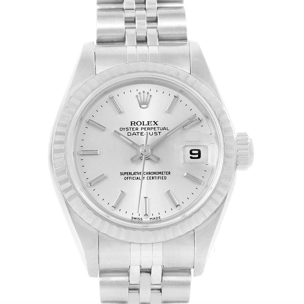 The image shows a front view of a Rolex Datejust 79174 Women's Stainless Steel Silver Dial 79174 Women's Stainless Steel Silver Dial watch, displaying the dial, hands, date window, and part of the bracelet.
