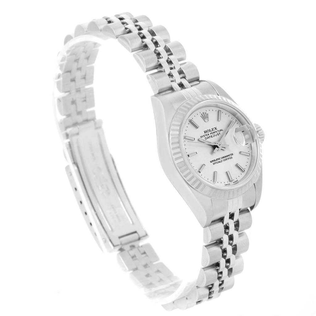 The image shows a side angle of the Rolex Datejust 79174 Women's Stainless Steel Silver Dial 79174 Women's Stainless Steel Silver Dial watch, highlighting its bracelet, clasp, and dial.